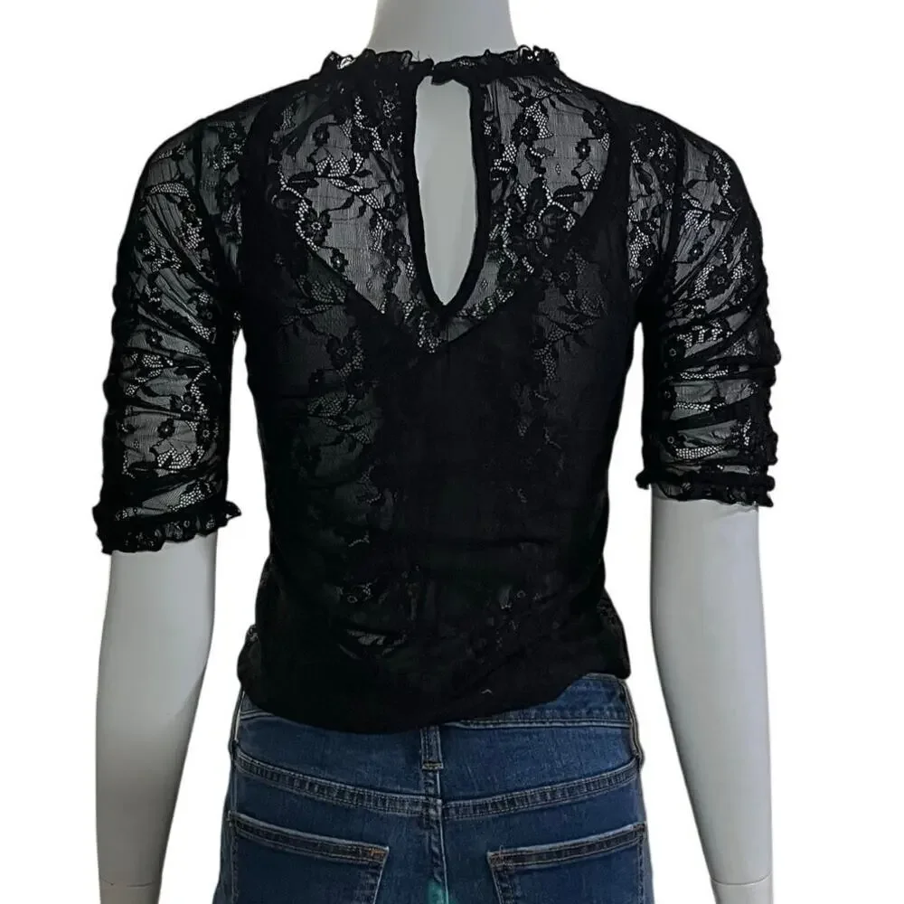 By Anthropologie Womens VNeck Lace Ruched Sleeve Blouse Size Extra Small